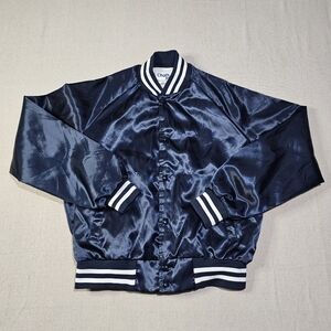 VINTAGE CHALK LINE SATIN JACKET Made In USA Navy Blue Snap Button Size Medium